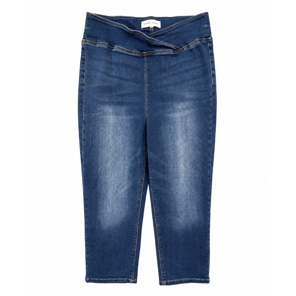 Risen Jeans Womens PullOn Capri Dark Wash Crossover Waistband Denim Blue RDP5191